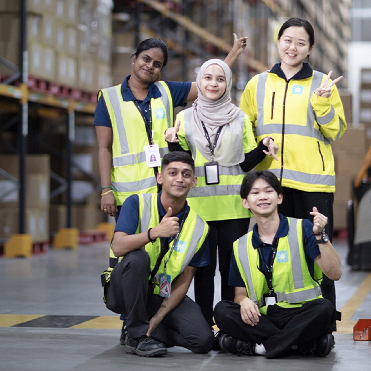 Persons wearing yellow jackets in warehouse