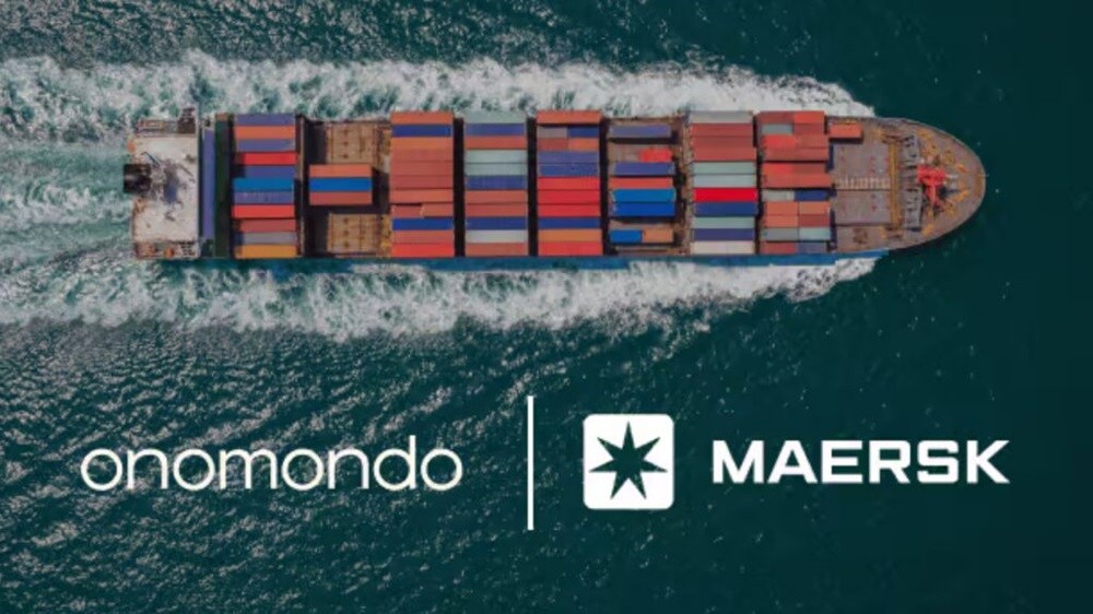 Aerial view of a container ship loaded with multicoloured containers sailing through open water, with Onomondo and Maersk logos overlaid.
