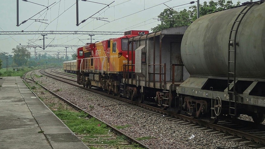 Indian Rail cargo train halts at a railway station in North India