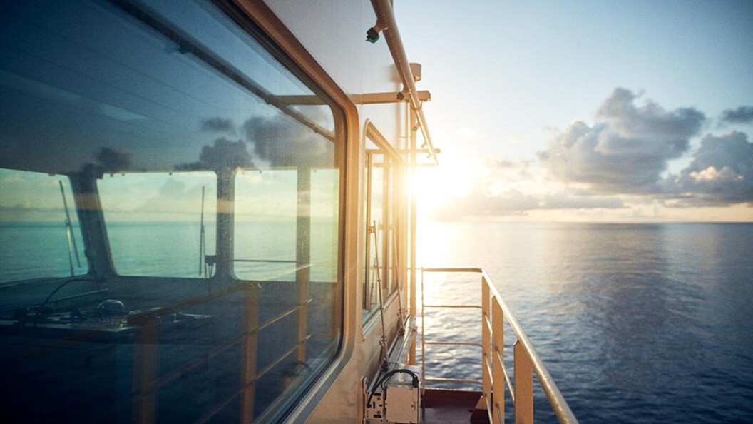 A bridge wing view of a vessel on its maiden voyage