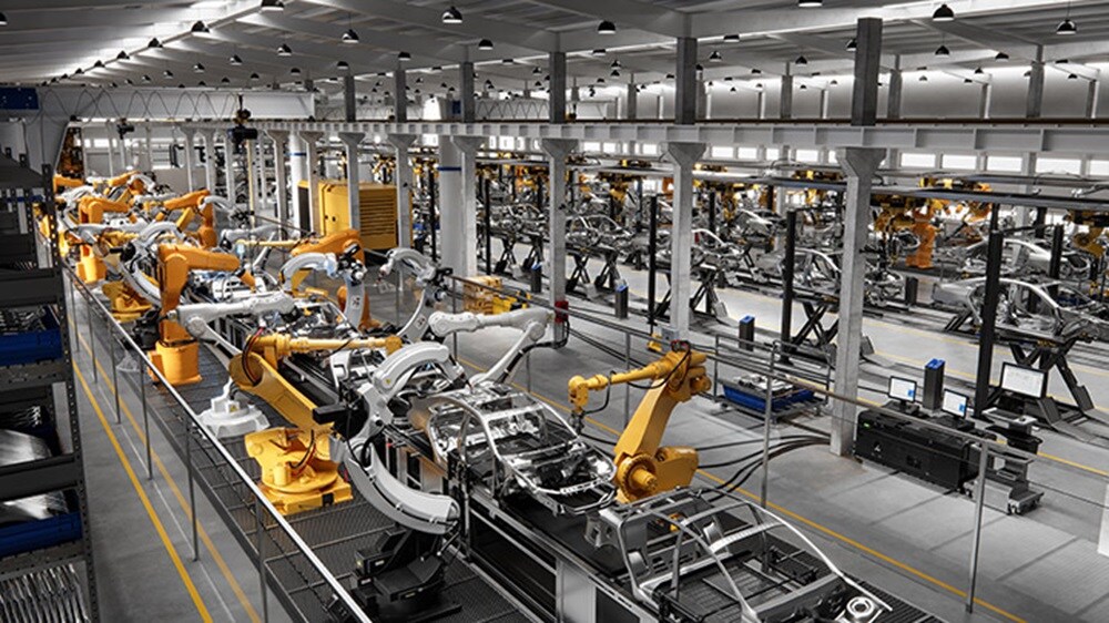 High angle view of cars on production line in factory