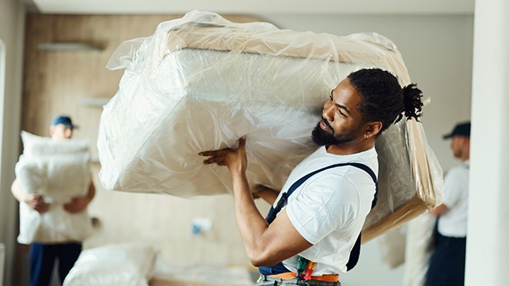 young black mover carrying furniture 