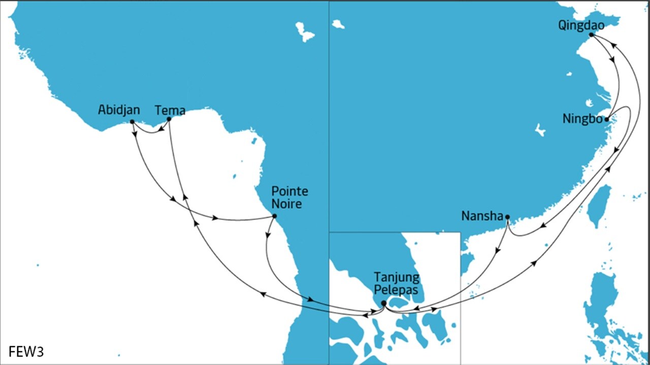 FEW3 Rotation: Qingdao–Ningbo–Nansha New Port–Tanjung Pelepas–Tema–Abidjan–Pointe Noire–Tanjung Pelepas