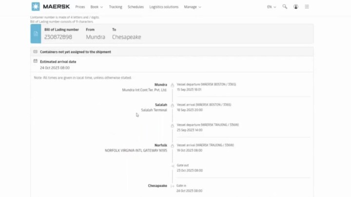 Screenshot showing Shipment details page with the shipment’s B/L number and transport plan summary.