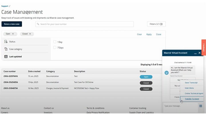 Maersk Virtual Assistant tool for live chat