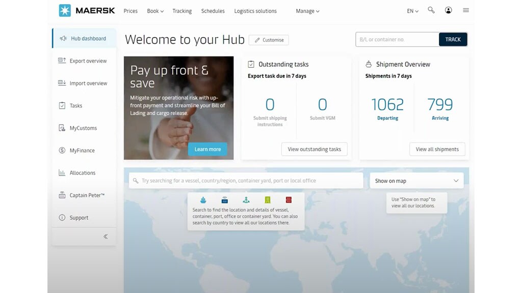 Maersk logistics hub dashboard showing different tools to manage shipments