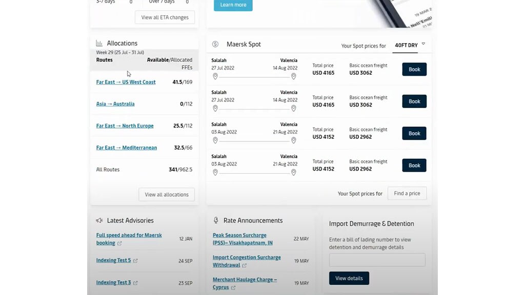 Allocations tab in Maersk logistics hub