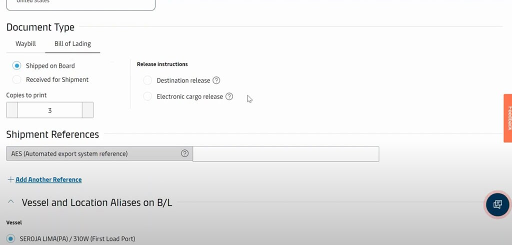 Document Tab under the Shipping Instructions page. It shows the Document Type you can choose, Shipment references you can add, and the Vessel and Location Aliases feature on B/L.