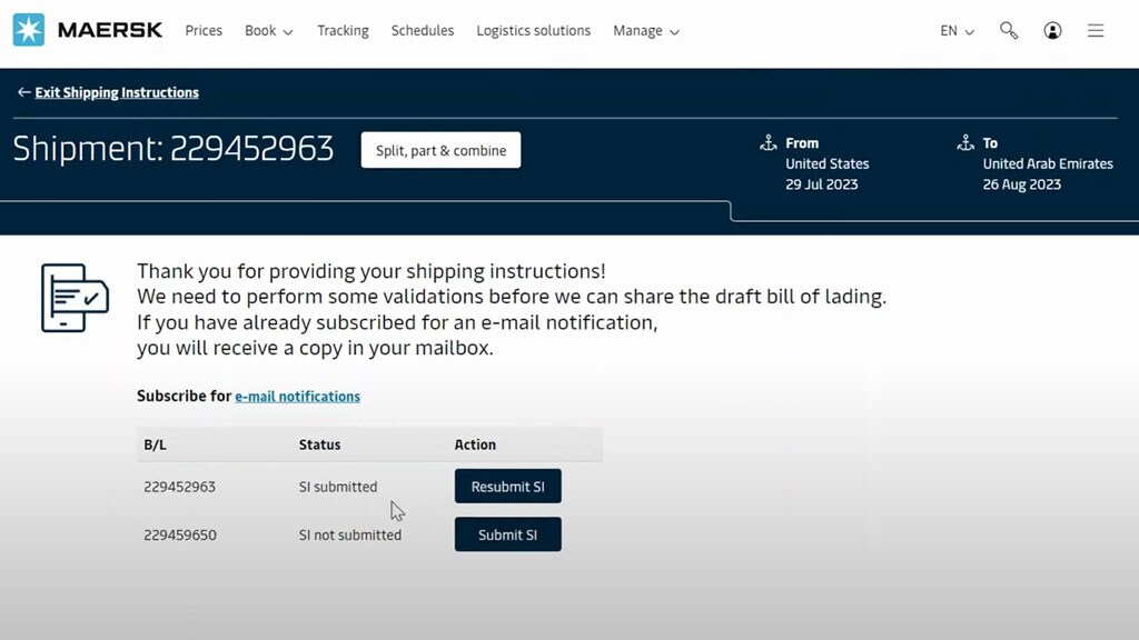 Shipping Instructions status page for different B/Ls