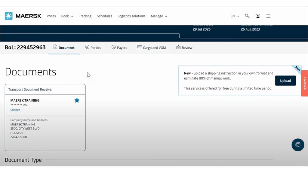 Reviewing a specific bill of lading in Maersk Hub dashboard