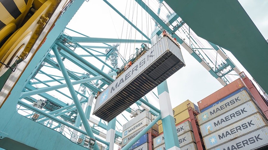 Closeup of a Maersk container during cargo operations in Hamburg.