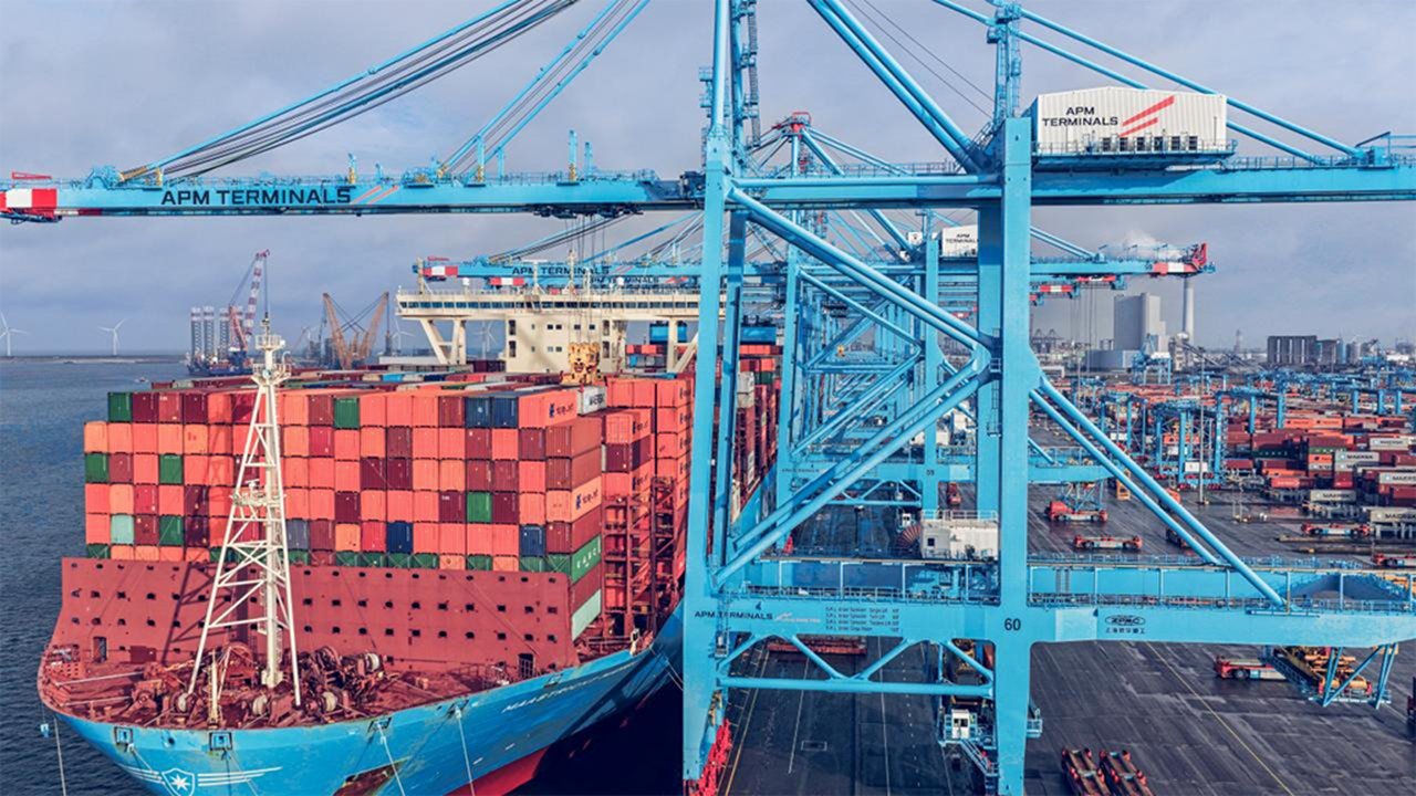 Maastrict Maersk at APM Terminals' Maasvlakte II terminal in Rotterdam.