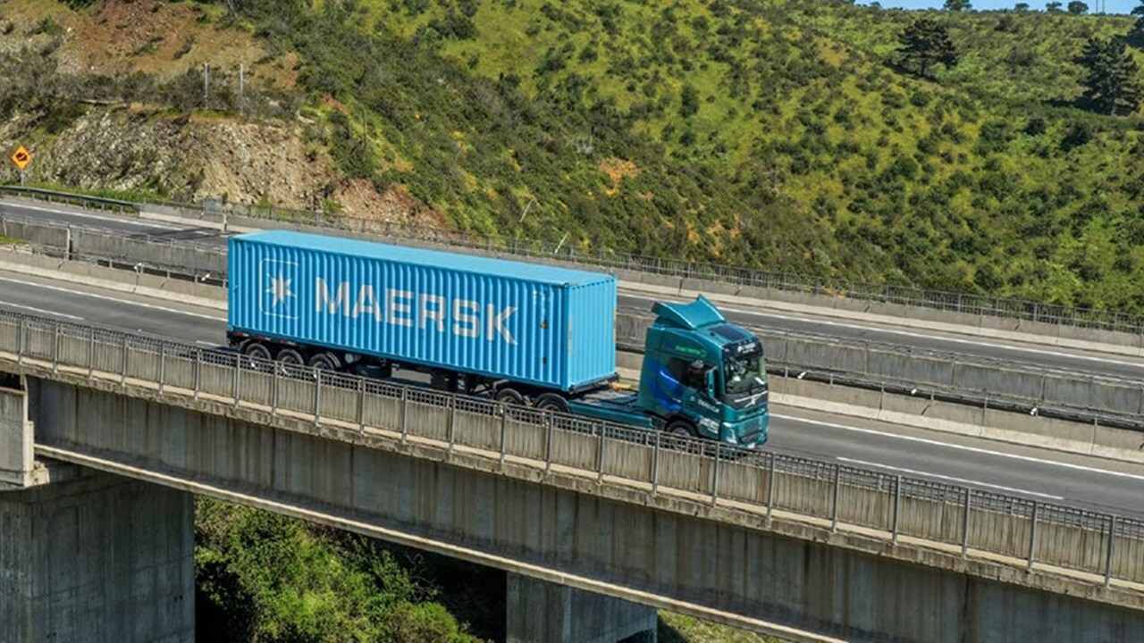 A Maersk truck transporting a shipping container