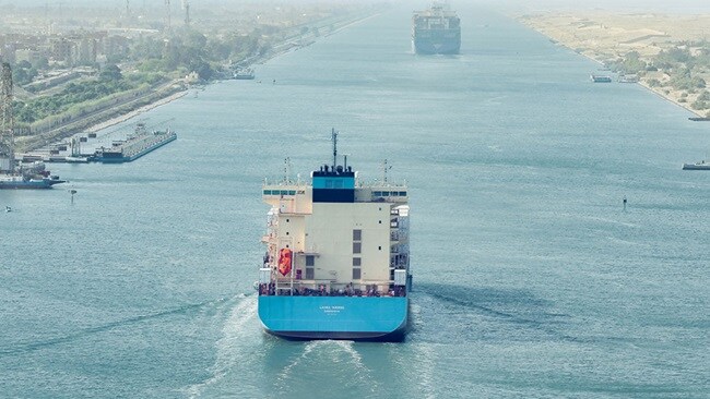 A large ship sails down a river, flanked by vibrant vegetation on either side.