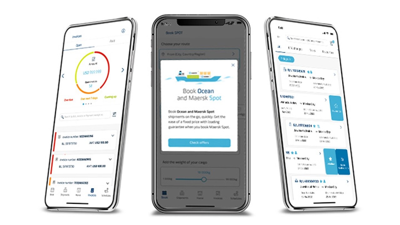 Three mobile devices showing information related to Maersk Spot booking and bookings made.