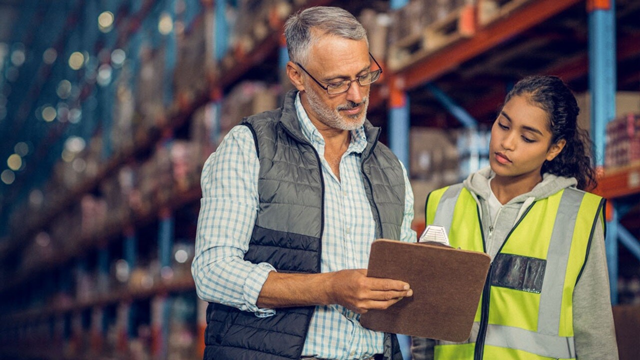 A couple of workers in a consolidation warehouse discussing LCL freight (Indian guy & girl) has context menu
